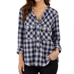 Isabel Marant Blue Plaid V-Neck Long Sleeve Top size 2